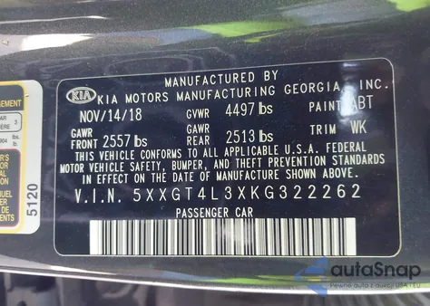 2019 Kia Optima Lx from USA, damaged, VIN 5XXGT4L3XKG322262